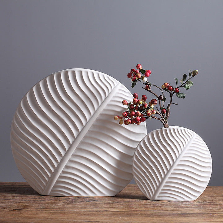 Wholesale Nordic Modern White Matte Leaf Vase for Home Decor Dry Flower Art Porcelain Decoration for Home Ceramic Vase