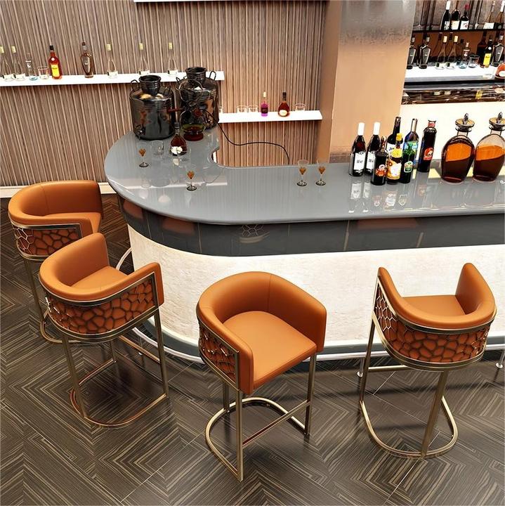Mesa de bar ordic, taburete alto moderno y sencillo de lujo para cafetería, mostrador frontal de cuero PU y metal dorado