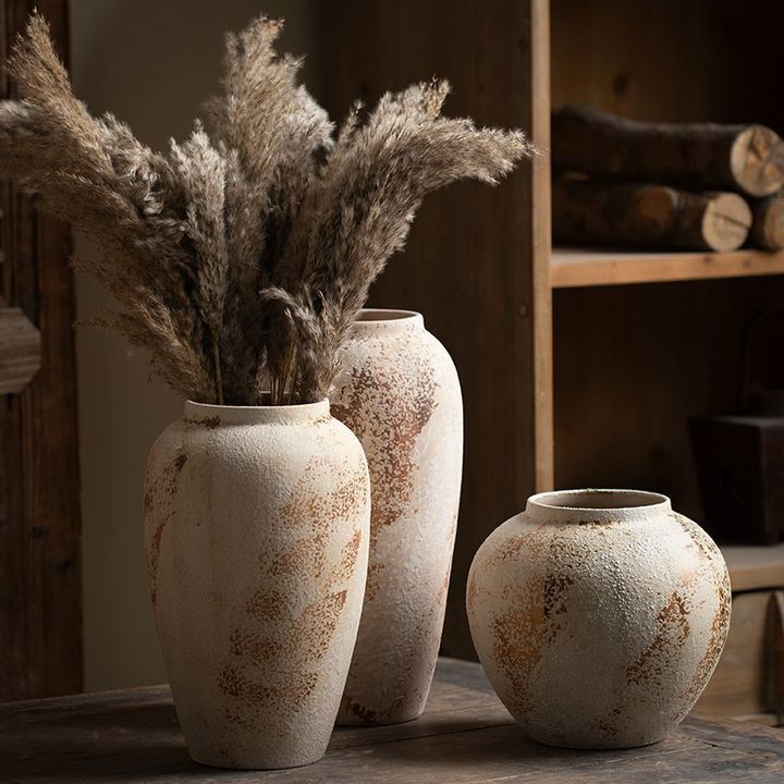 Rustic Farmhouse Tabletop Vase Wabi-Sabi Style Vintage Ceramic Ornament Floral Arrangement Home Decorative Vase