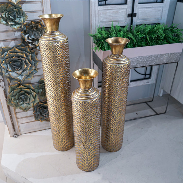 Luxury Floor Metal Creative Plaid Pattern Flowers Art Design Metal Vase