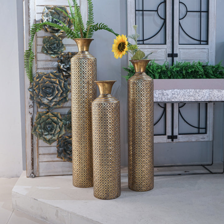 Luxury Floor Metal Creative Plaid Pattern Flowers Art Design Metal Vase