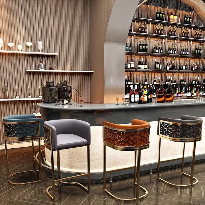 Mesa de bar ordic, taburete alto moderno y sencillo de lujo para cafetería, mostrador frontal de cuero PU y metal dorado