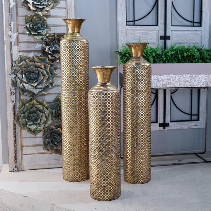 Luxury Floor Metal Creative Plaid Pattern Flowers Art Design Metal Vase