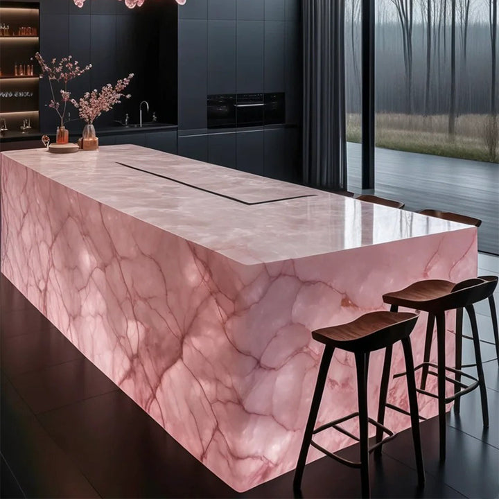 Polished Natural Light Pink Onyx Rose Pink Marble Stone Slab Backlit Onyx Translucent Stone Interior Background Wall Panel