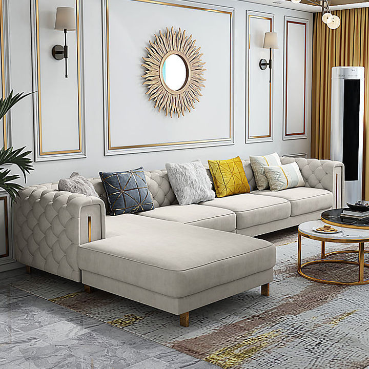 Velvet L Shape Sofa Modern Stainless Steel Gold-Plated Feet Popular New Button Leather Sofas for Living Room Furniture