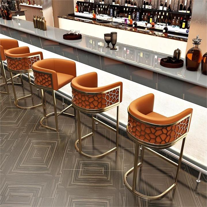 Mesa de bar ordic, taburete alto moderno y sencillo de lujo para cafetería, mostrador frontal de cuero PU y metal dorado