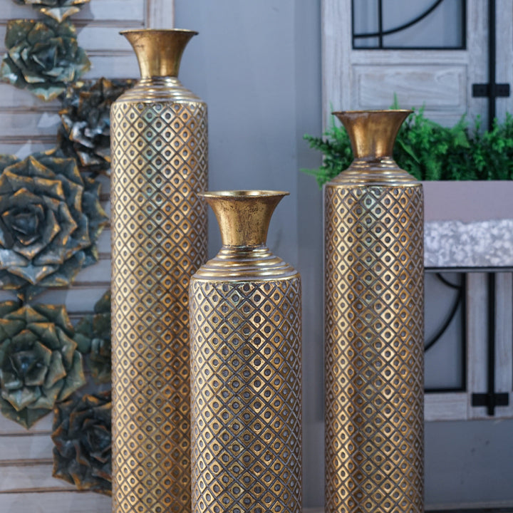 Luxury Floor Metal Creative Plaid Pattern Flowers Art Design Metal Vase