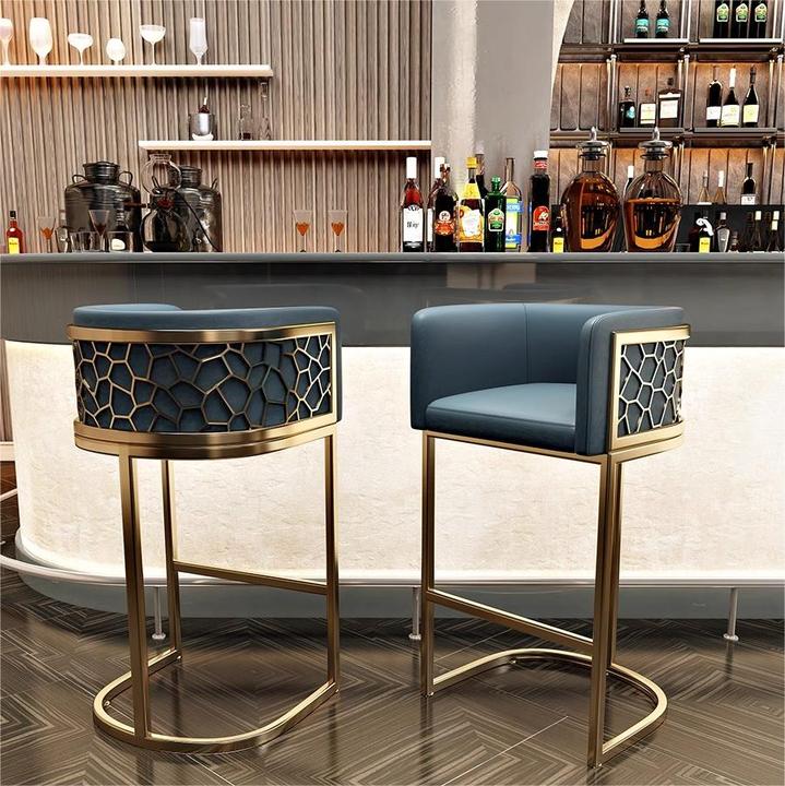 Mesa de bar ordic, taburete alto moderno y sencillo de lujo para cafetería, mostrador frontal de cuero PU y metal dorado