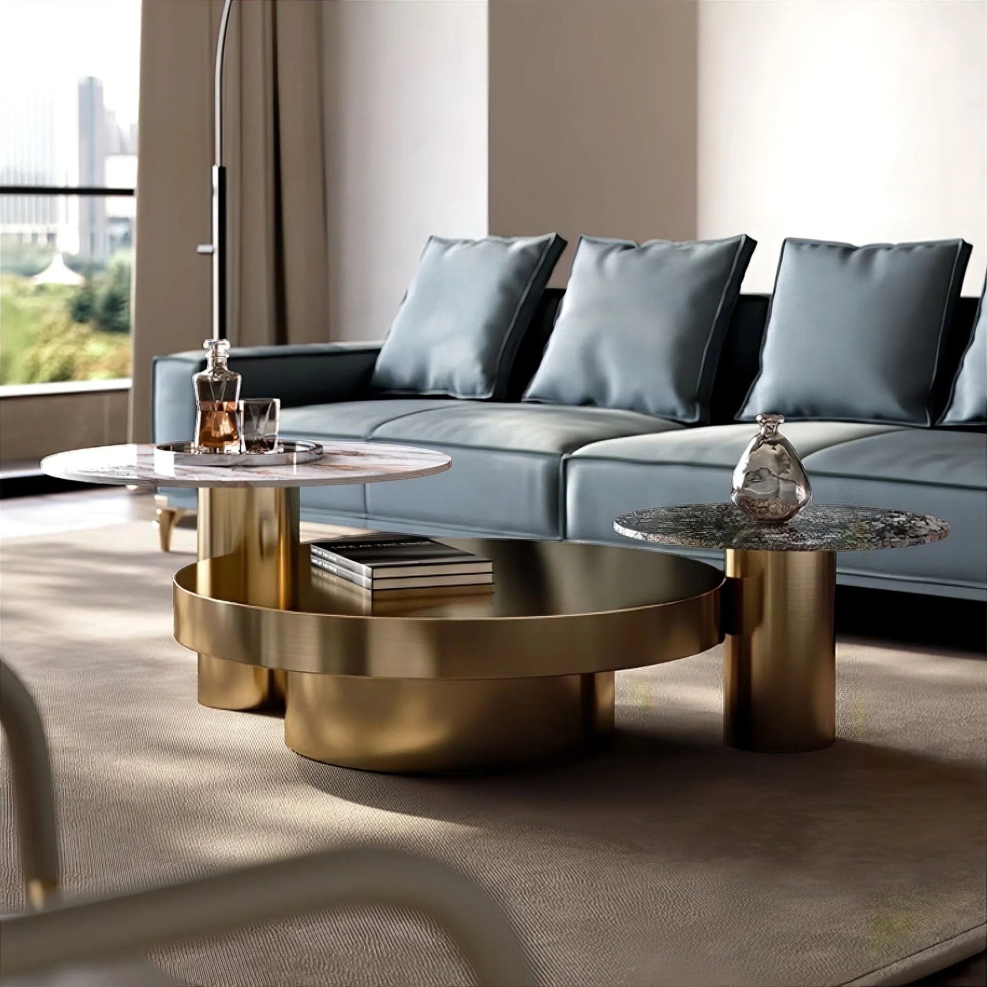 Luxury Modern Round Stone Coffee Table Set