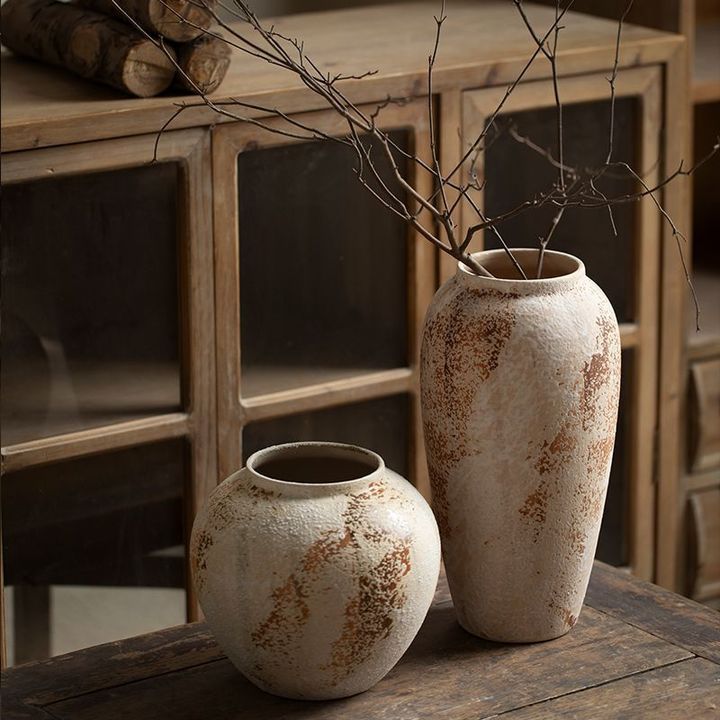 Rustic Farmhouse Tabletop Vase Wabi-Sabi Style Vintage Ceramic Ornament Floral Arrangement Home Decorative Vase
