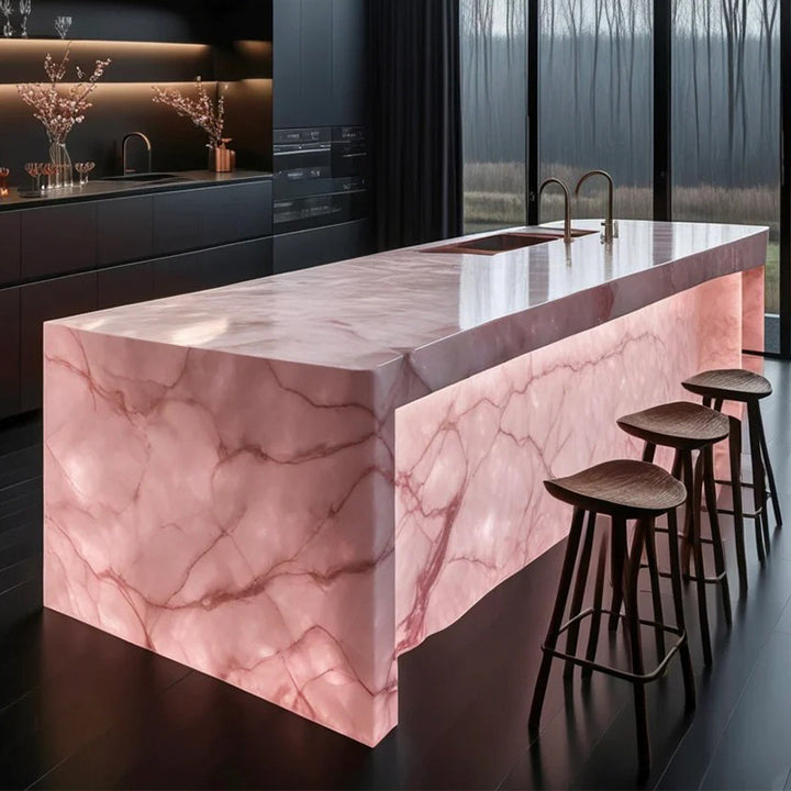 Polished Natural Light Pink Onyx Rose Pink Marble Stone Slab Backlit Onyx Translucent Stone Interior Background Wall Panel