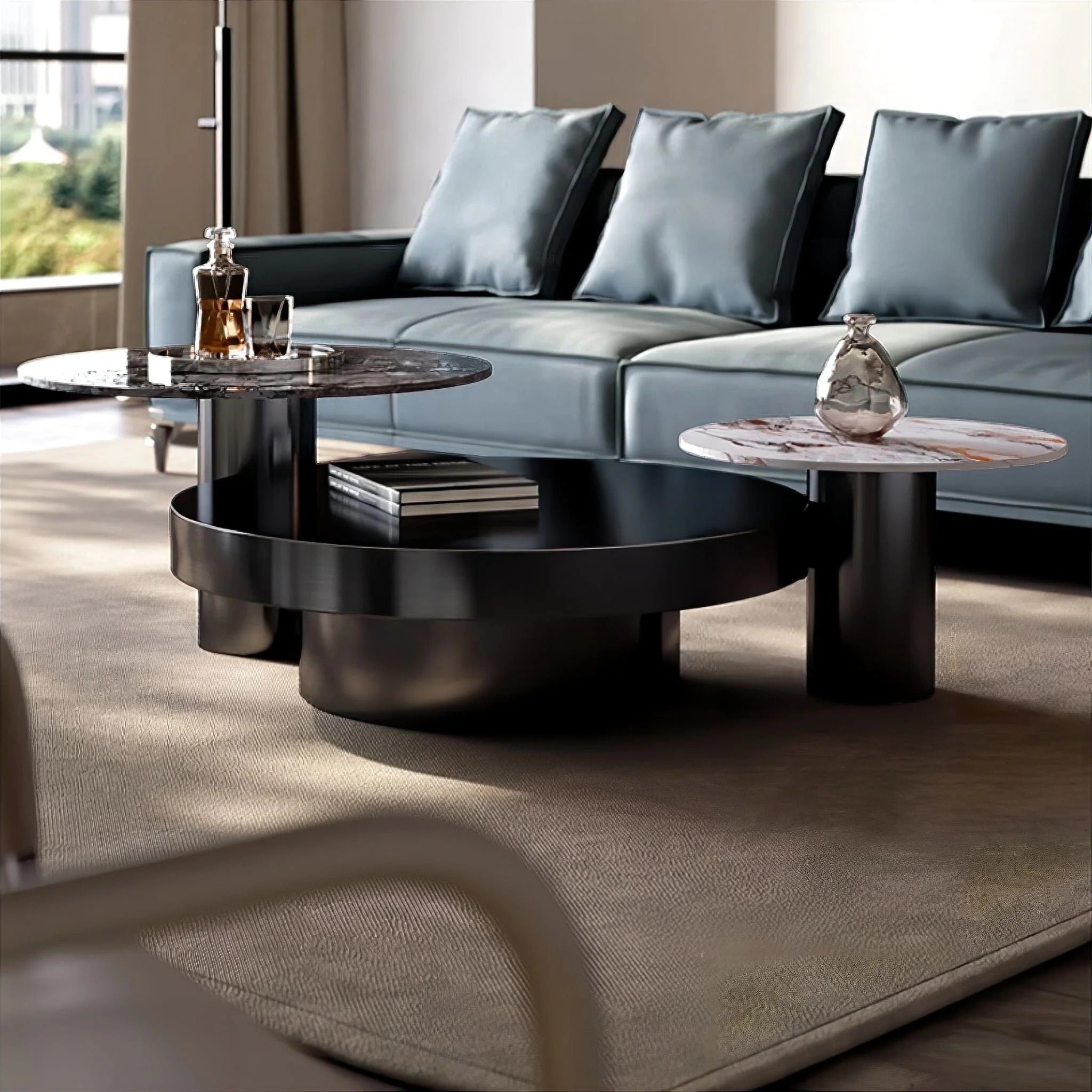 Luxury Modern Round Stone Coffee Table Set